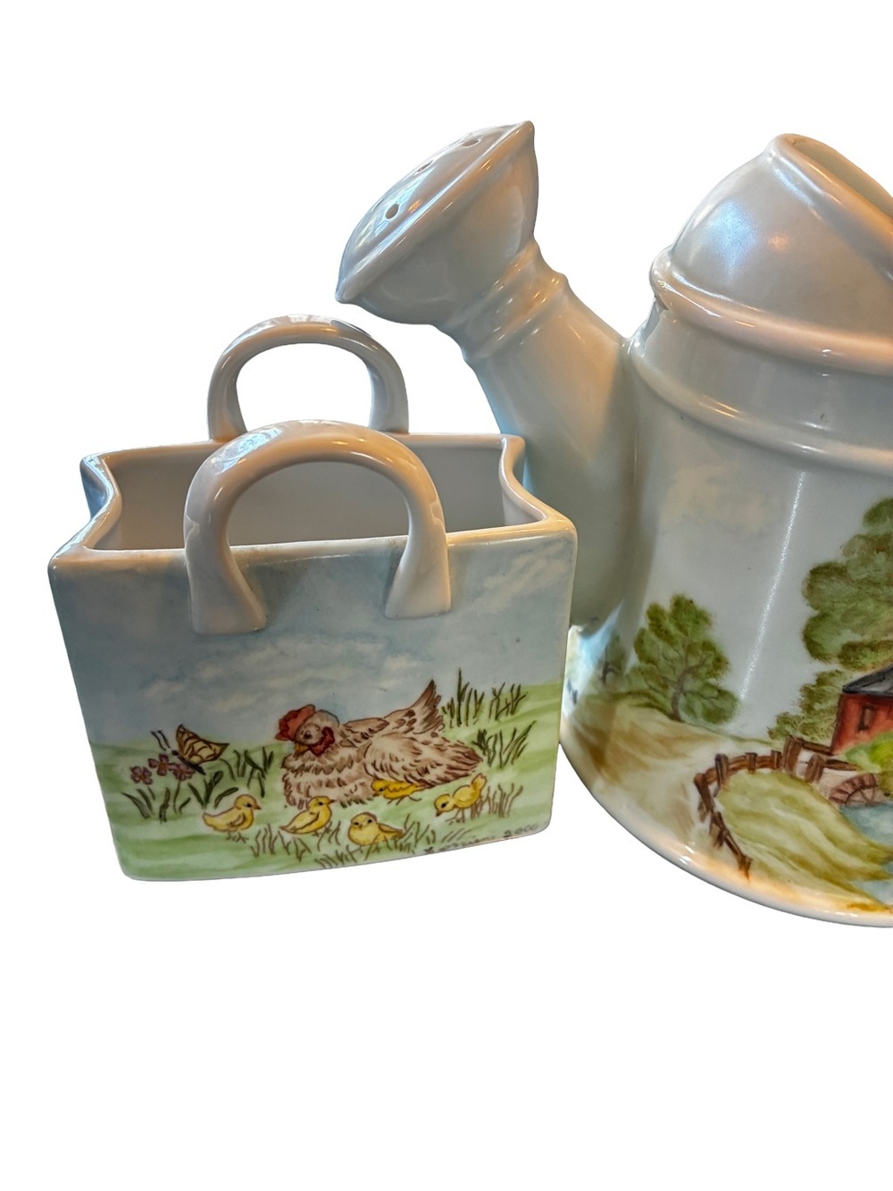 1999 Hand Painted Ceramic Tea Set Watering Can Pitcher Country Farmhouse - Picture 5 of 7